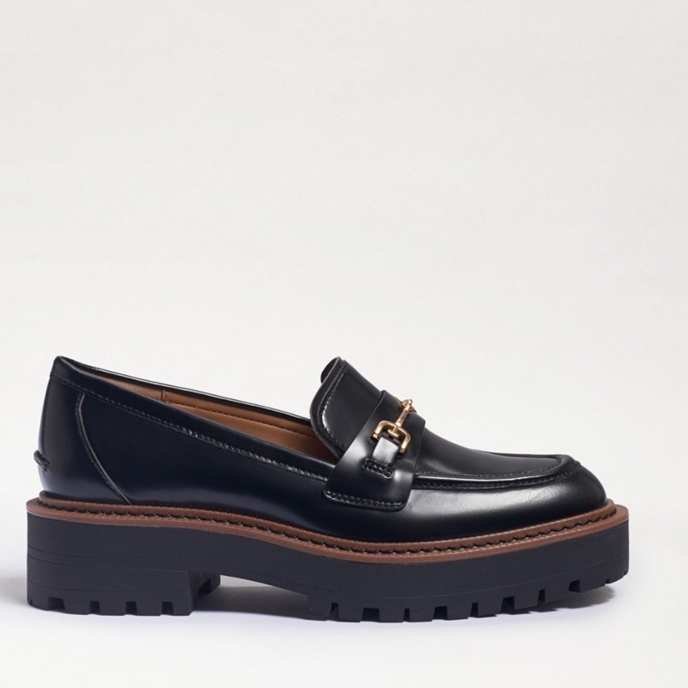Sam Edelman Black Leather Lug Sole Loafers with Brown welt and Gold hardware